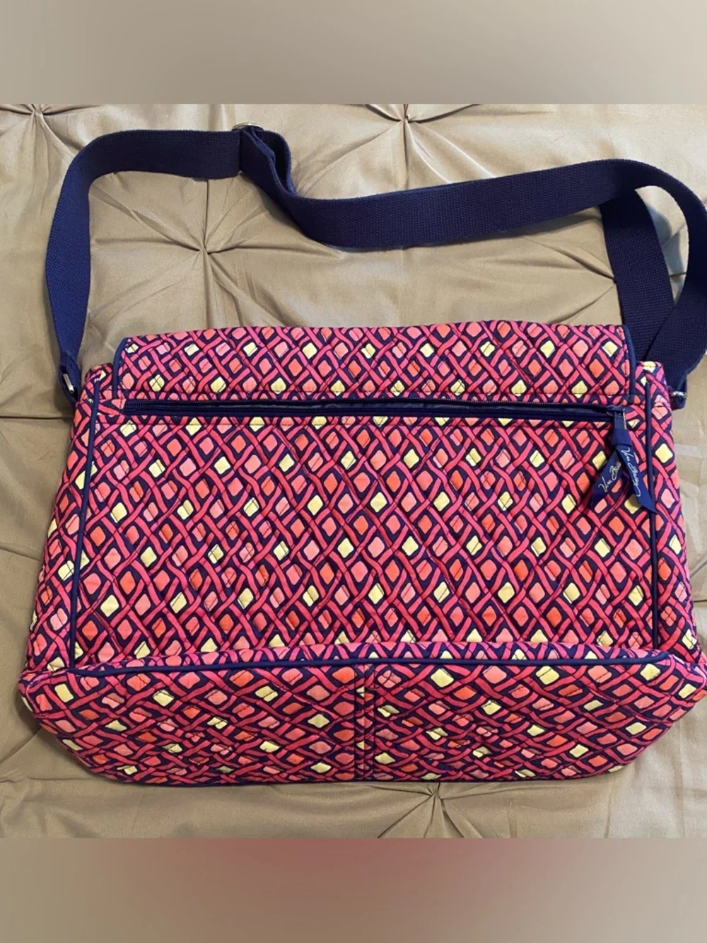 Vera Bradley Katalina Pink Diamonds Quilted Laptop Messenger Bag with Navy Strap